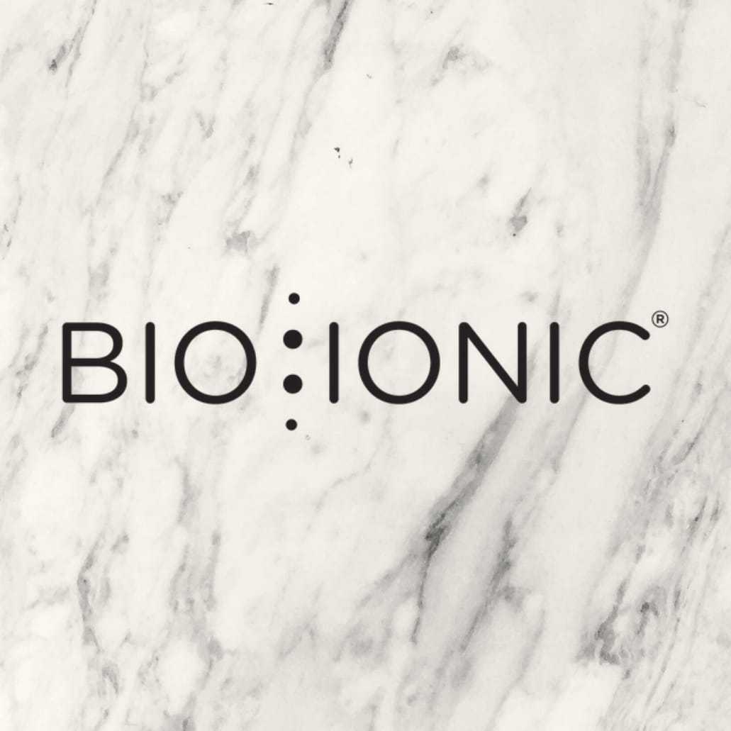 Bio Ionic logo on a marble textured background.