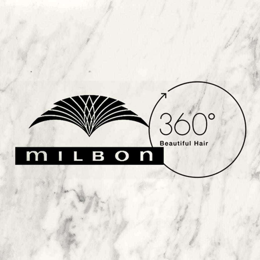 Milbon logo with text "360° Beautiful Hair" on a marble background.