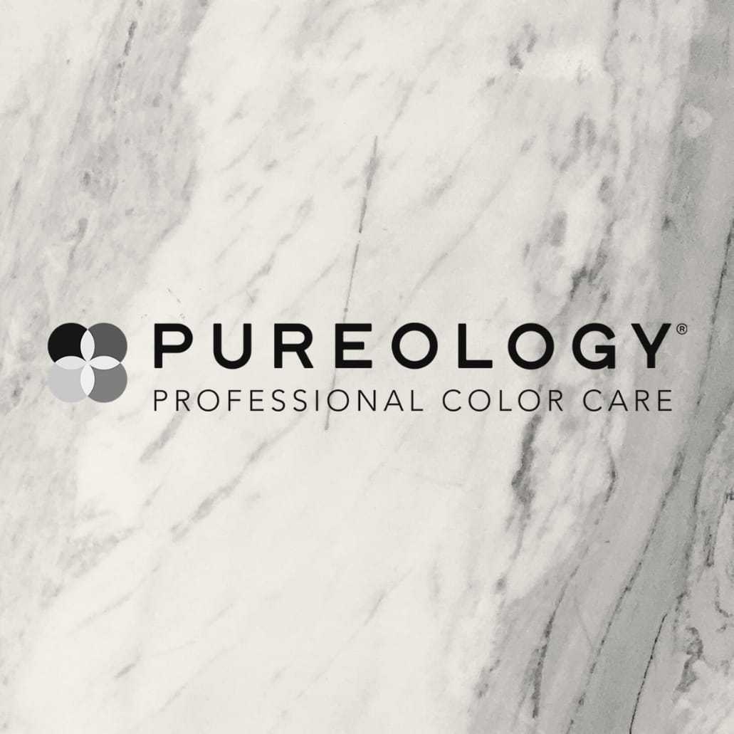 Pureology logo on a marble background - Professional Color Care.