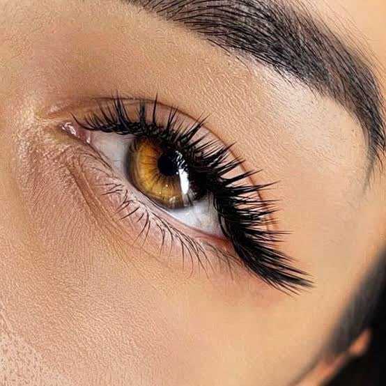 Close-up of a person's eye with long eyelashes and well-defined eyebrow.